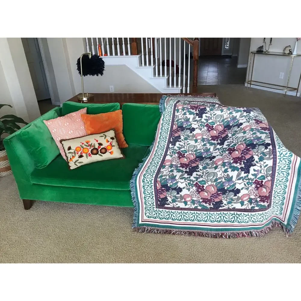 vintage 90s Reversible FRUIT PRINT plums, grapes, pears Fringe BLANKET afghan